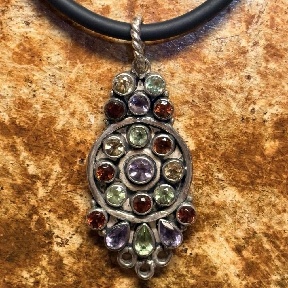 Sterling Silver & Rubber Cord Chain with SS and Gemstone Pendant 18 Inch